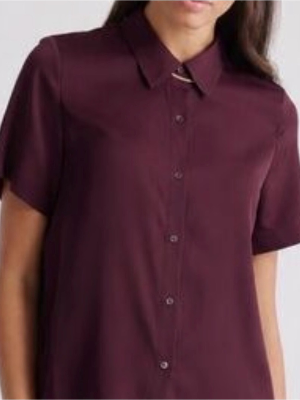 Quince washable silk Burgundy Button-Front Women's short sleeve Top - Picture 2 of 5